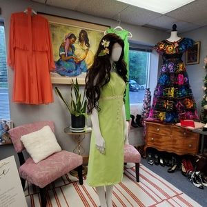 Vintage 60s Midi Daisy Lime Green Dress